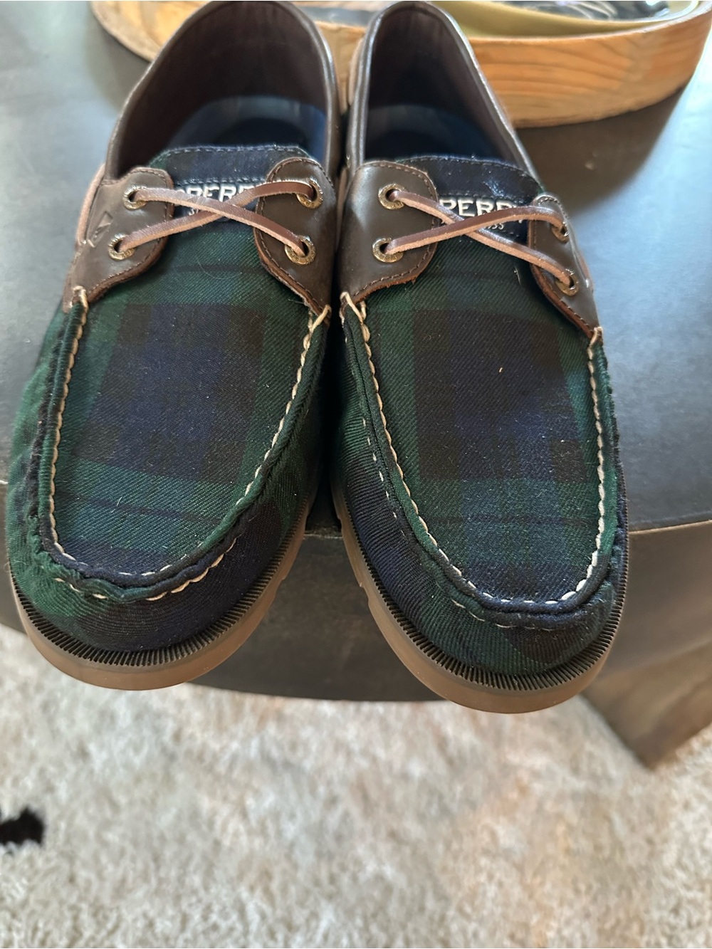 Sperry Green and Navy Plaid Leather-Trim Boat Shoes new